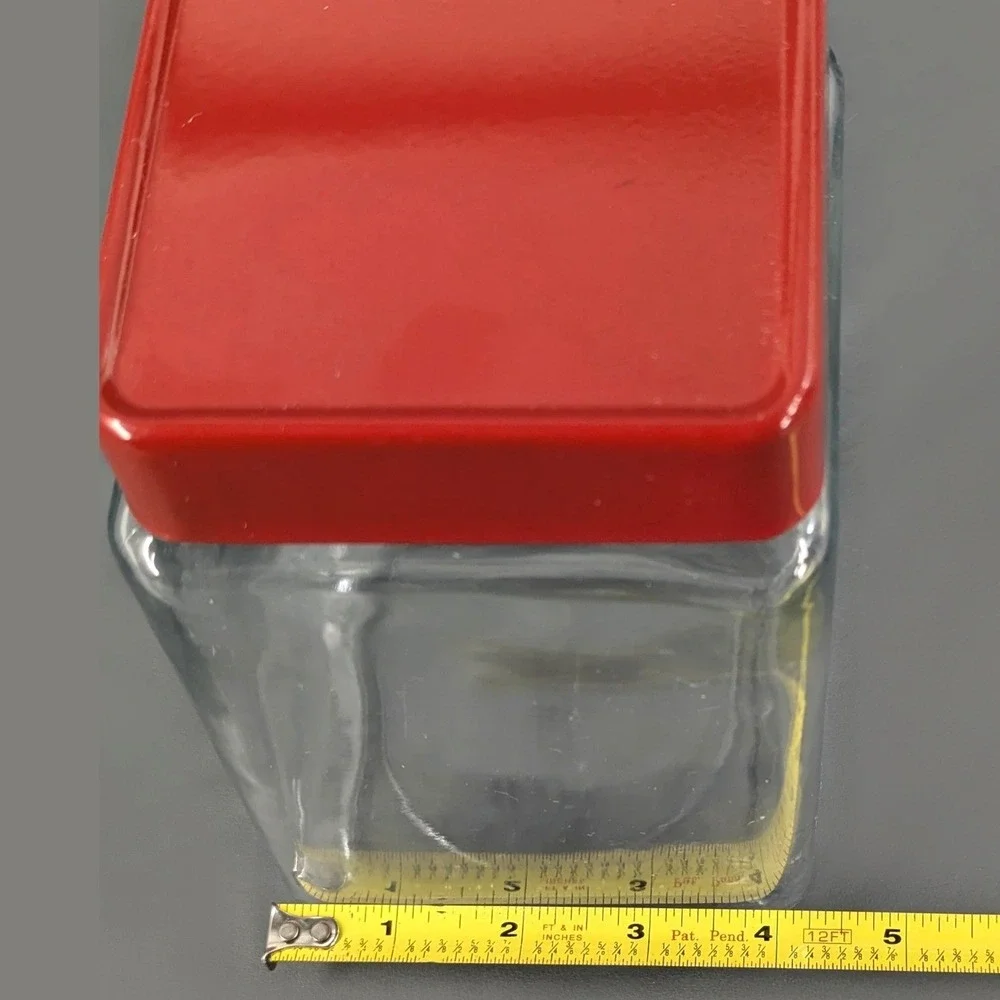 Vintage Anchor Hocking Square Clear Glass Canister Red Lid Kitchen Jar